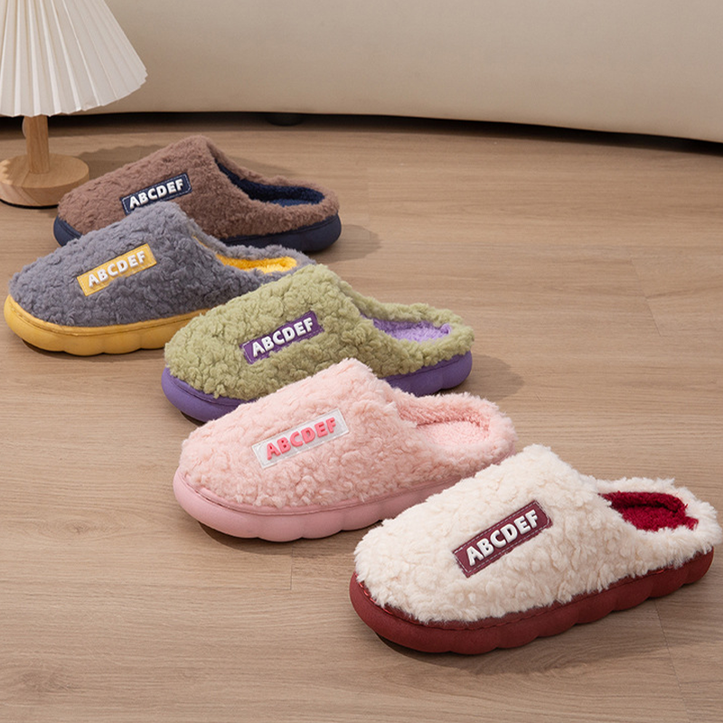 Adult Custom Autumn Winter Unisex Contrast Color Furry Warm Fluffy House Indoor Fleece Plush Slides