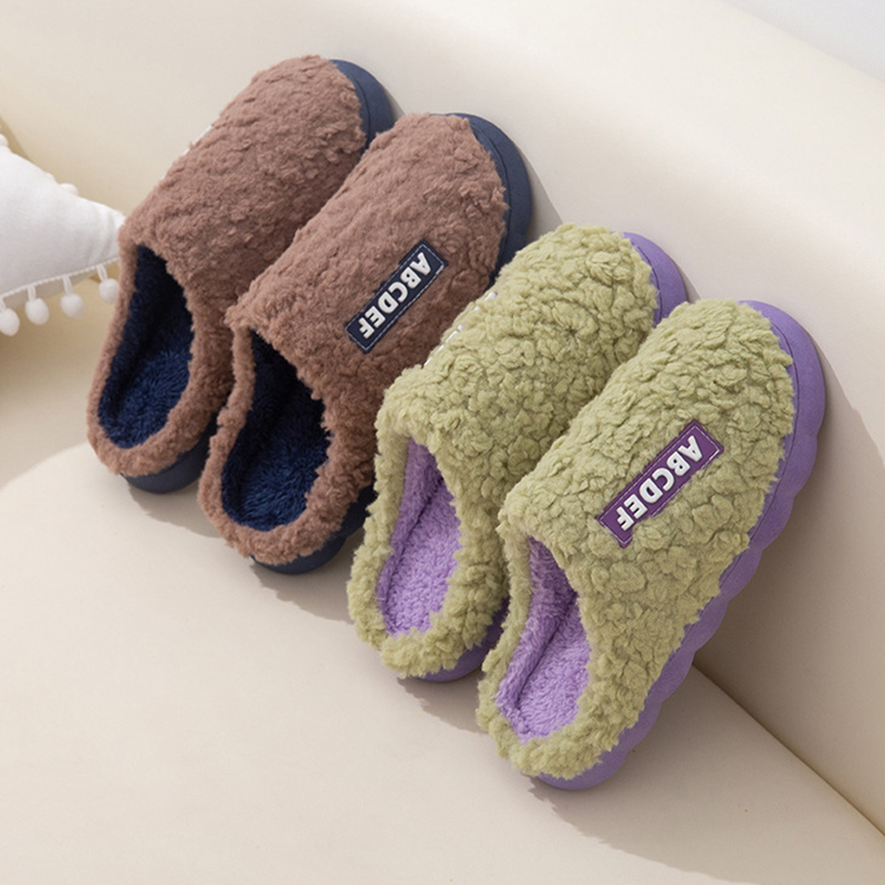 Adult Custom Autumn Winter Unisex Contrast Color Furry Warm Fluffy House Indoor Fleece Plush Slides