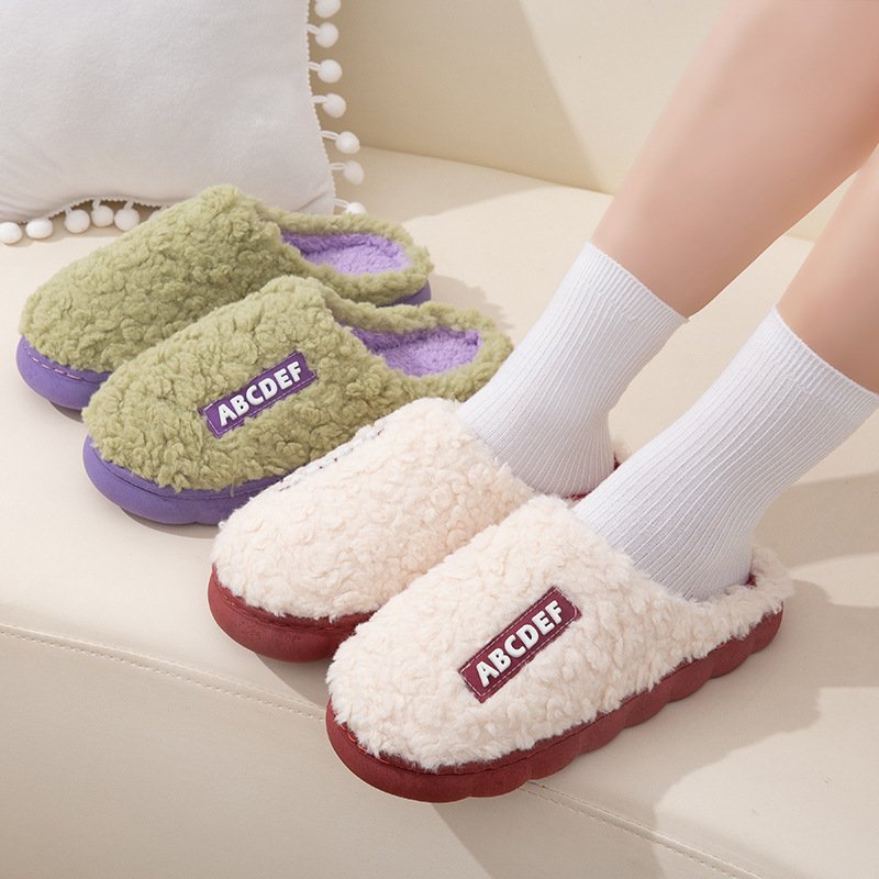 Adult Custom Autumn Winter Unisex Contrast Color Furry Warm Fluffy House Indoor Fleece Plush Slides