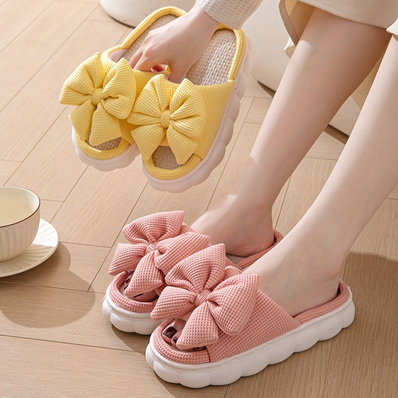 Women's Linen Bowknot Decor Slippers Open Toe Slip Women's Indoor Home EVA Chinelos pantoffe Pantoufles pantuflas