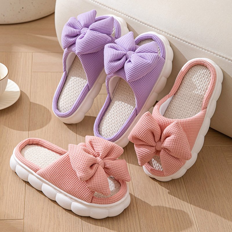 Women's Linen Bowknot Decor Slippers Open Toe Slip Women's Indoor Home EVA Chinelos pantoffe Pantoufles pantuflas