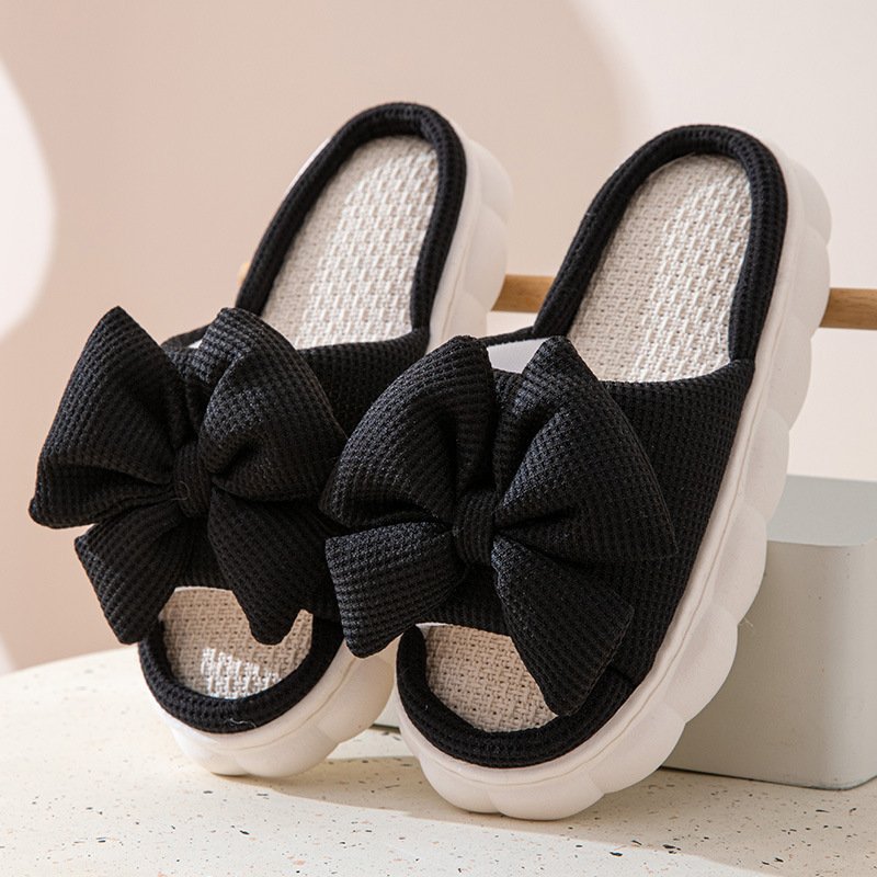 Women's Linen Bowknot Decor Slippers Open Toe Slip Women's Indoor Home EVA Chinelos pantoffe Pantoufles pantuflas