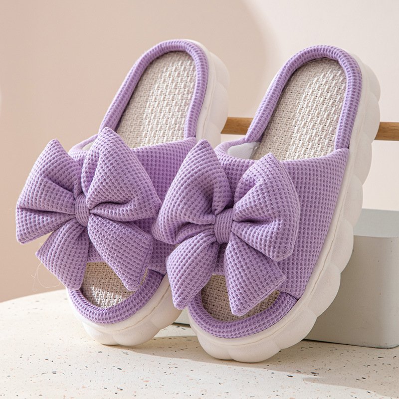 Women's Linen Bowknot Decor Slippers Open Toe Slip Women's Indoor Home EVA Chinelos pantoffe Pantoufles pantuflas