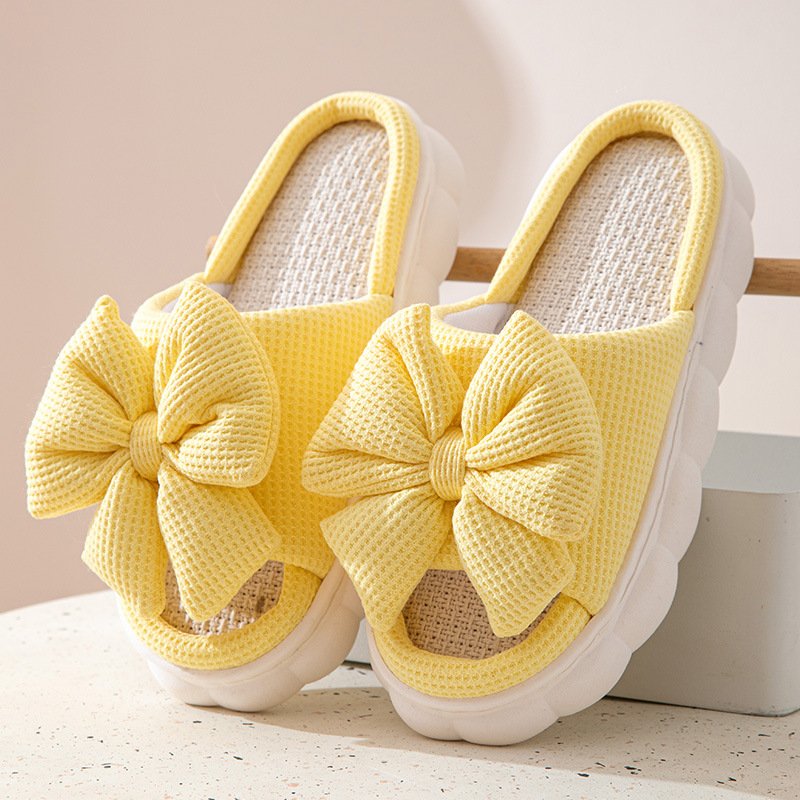 Women's Linen Bowknot Decor Slippers Open Toe Slip Women's Indoor Home EVA Chinelos pantoffe Pantoufles pantuflas