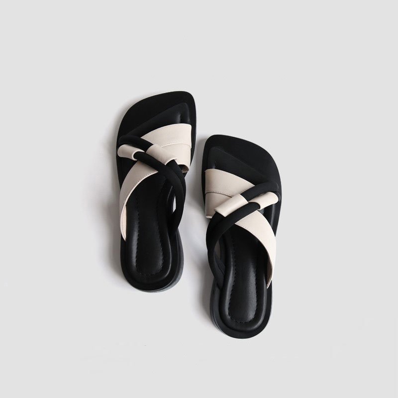 Xinzirain Custom Summer Ladies Leather Slide Slippers Logo Square Toe Soft Women Outdoor Flat Sandals
