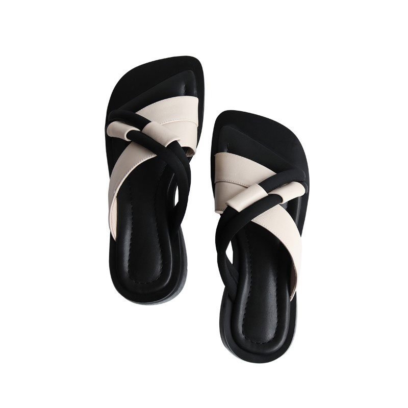 Xinzirain Custom Summer Ladies Leather Slide Slippers Logo Square Toe Soft Women Outdoor Flat Sandals