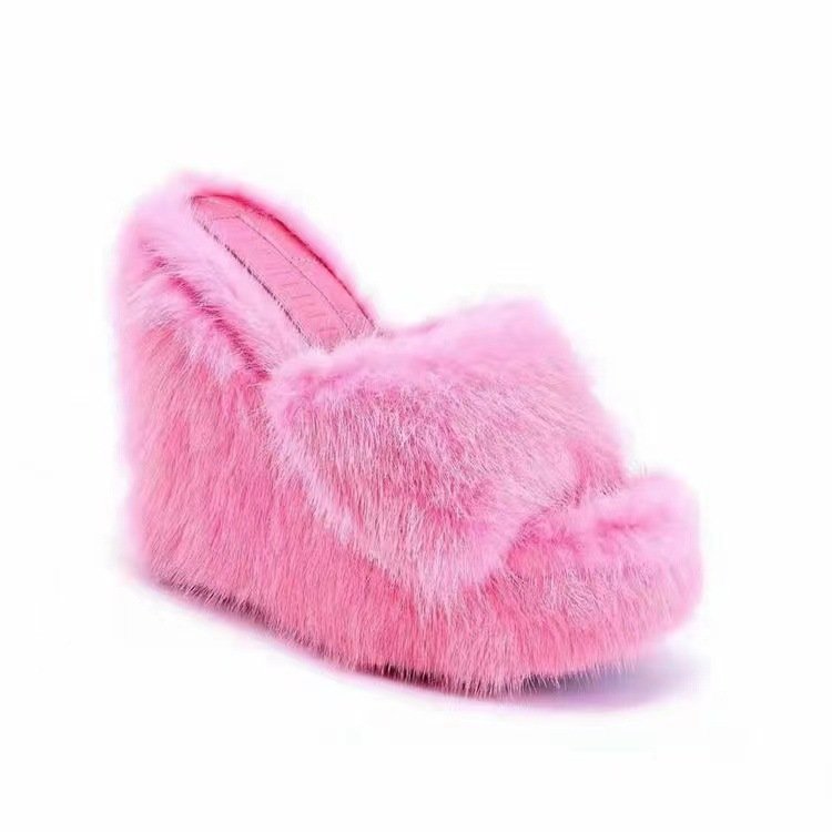 Custom Fuzzy Wedge Heel Women Pink Furry Sandals Faux Fashion Fur Slides Slippers For Women