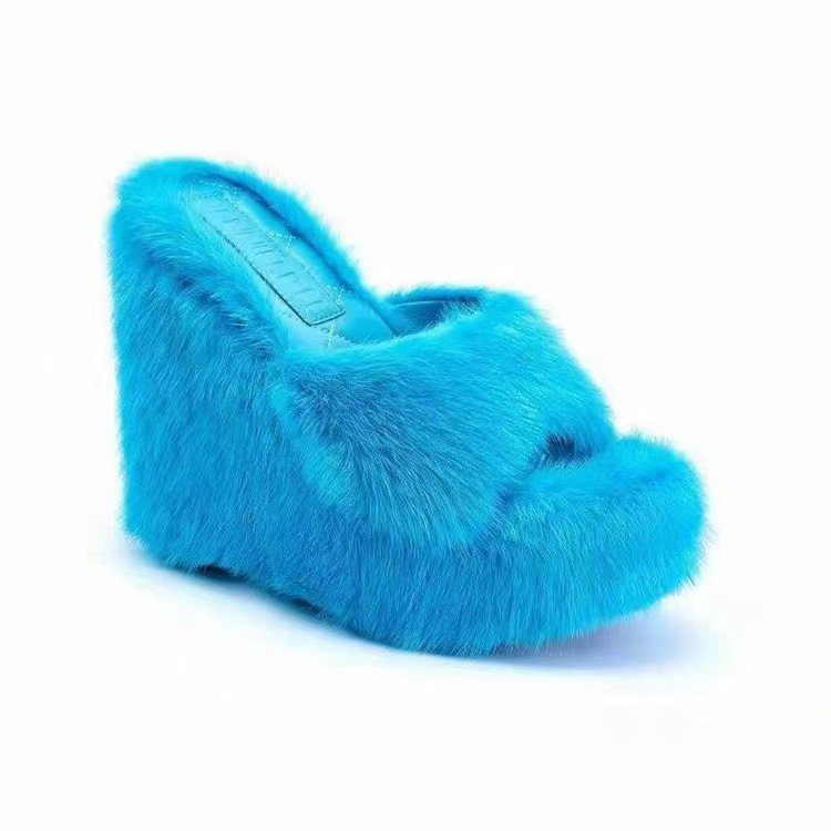 Custom Fuzzy Wedge Heel Women Pink Furry Sandals Faux Fashion Fur Slides Slippers For Women