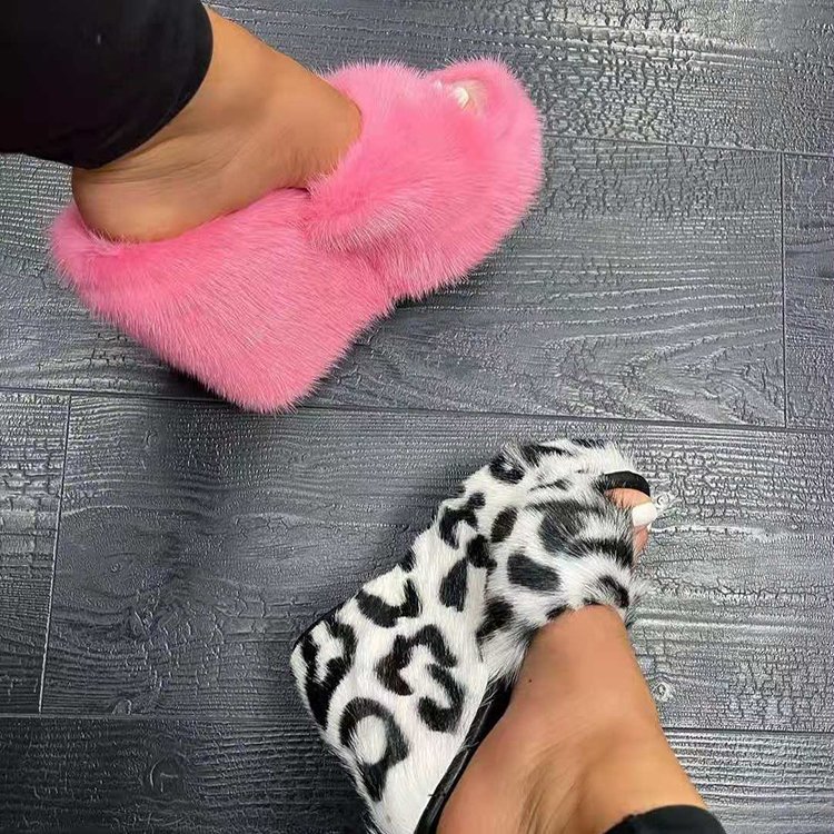 Custom Fuzzy Wedge Heel Women Pink Furry Sandals Faux Fashion Fur Slides Slippers For Women