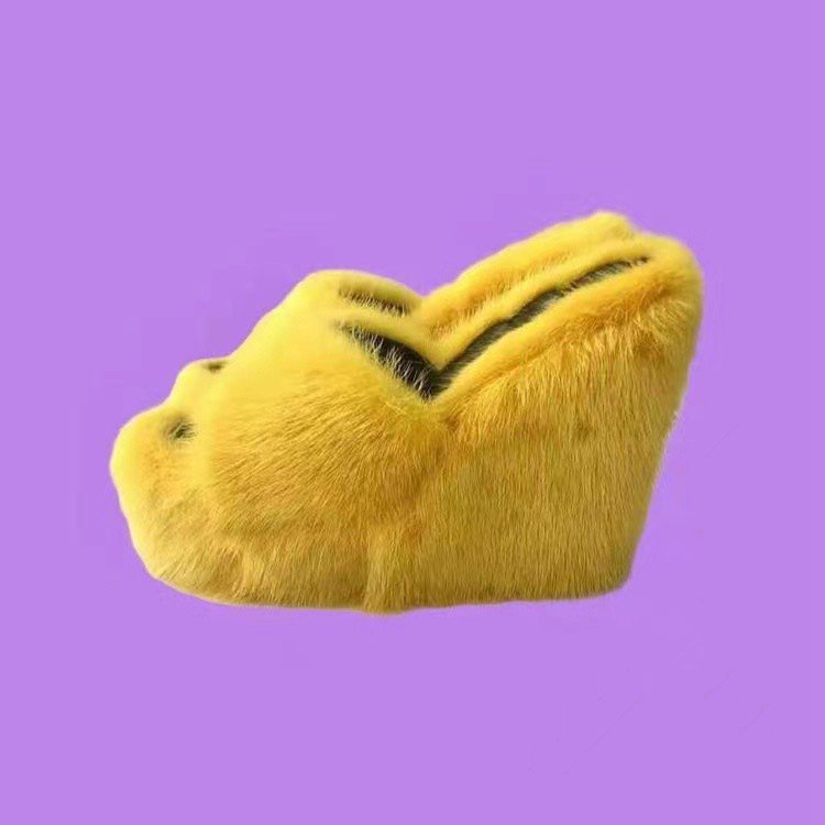 Custom Fuzzy Wedge Heel Women Pink Furry Sandals Faux Fashion Fur Slides Slippers For Women