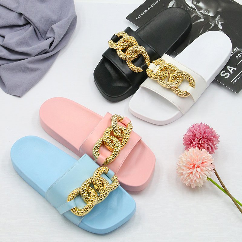 Summer Beach Sandals Flat Bottom Metal Chain Shoes Woman Slides Slippers For Women And Ladies