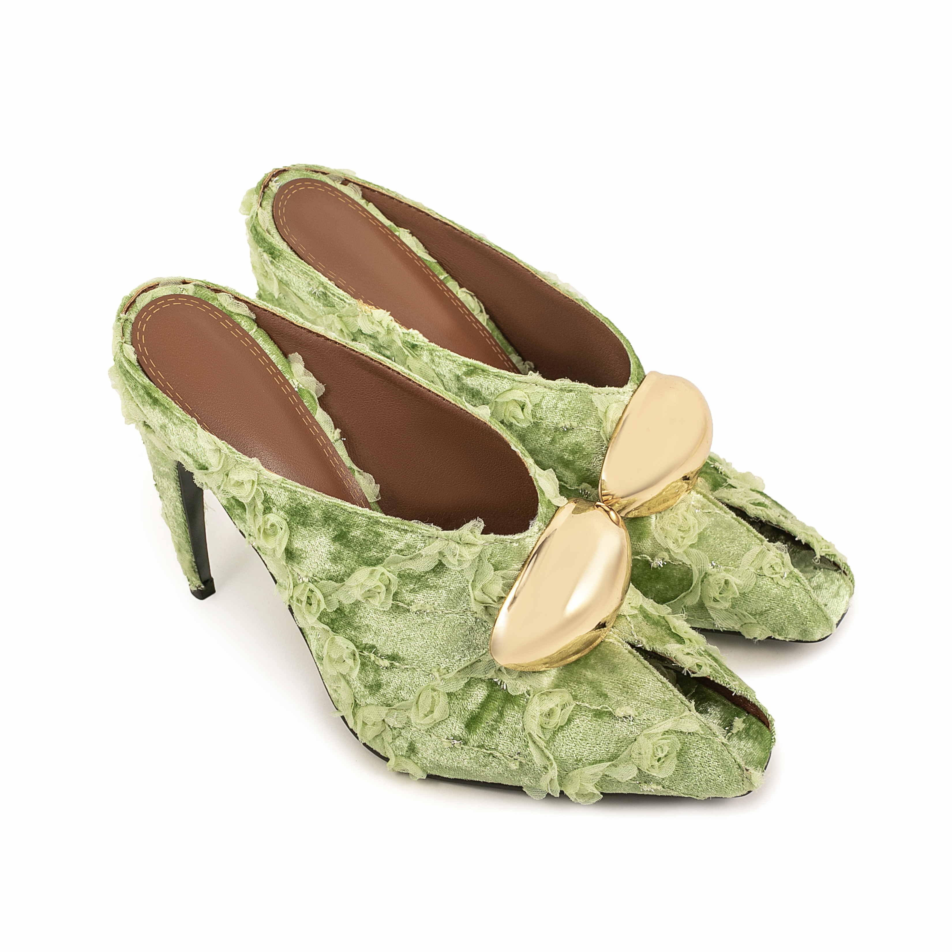 Pretty Green Color Peep Toe Women High Heels Slide Slippers Velvet Fabric Metal Buckle Ladies Sexy Summer Sandals
