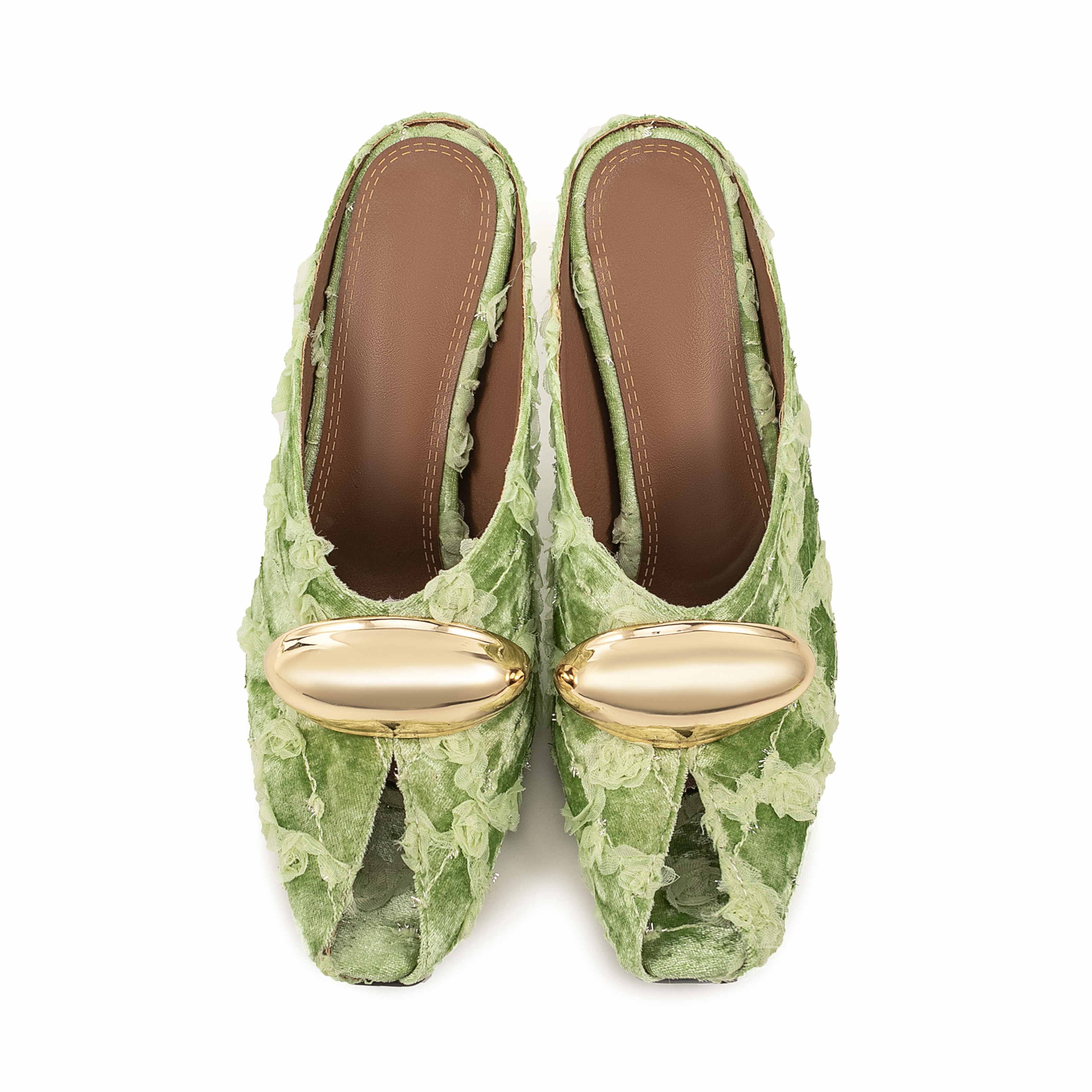 Pretty Green Color Peep Toe Women High Heels Slide Slippers Velvet Fabric Metal Buckle Ladies Sexy Summer Sandals