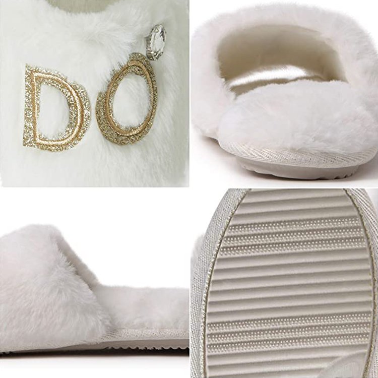 2024 New Arrival Wholesale Custom Indoor Flat Fluffy Bridal House Slides Furry Faux Customized Fur Slippers For Women