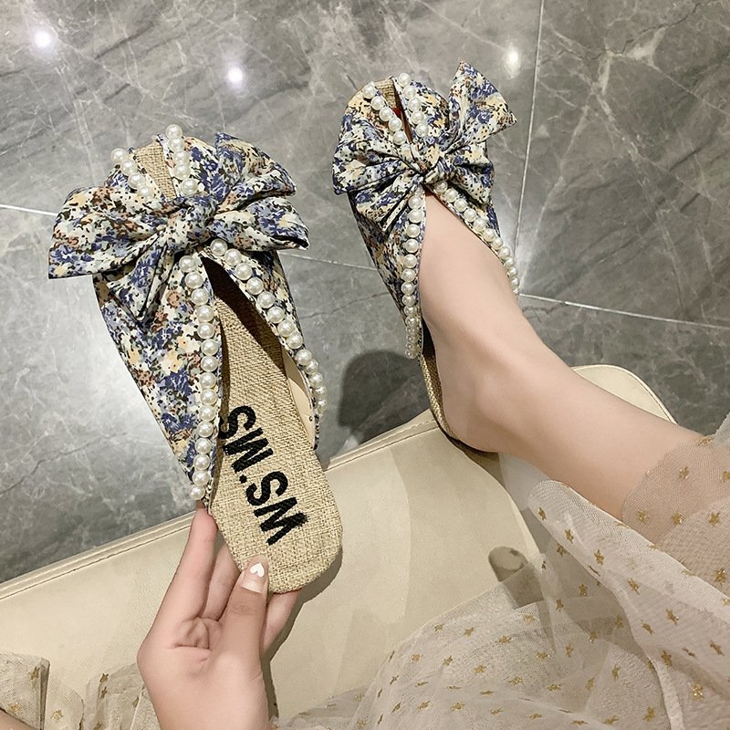 New arrival 2022 hot sales Small floral Ins flip-flops bow slides slippers for ladies wholesales