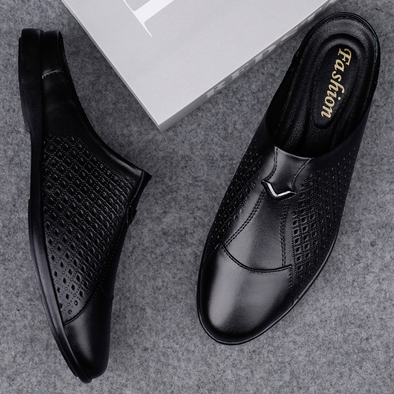 20311 big size men breathable genuine leather half shoes slides slippers