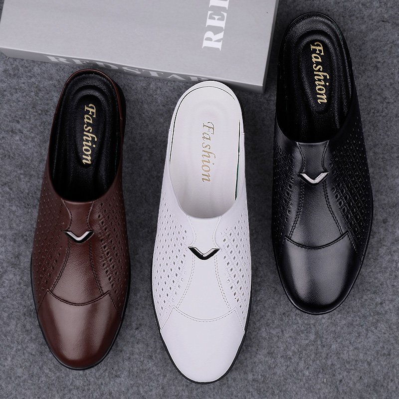 20311 big size men breathable genuine leather half shoes slides slippers
