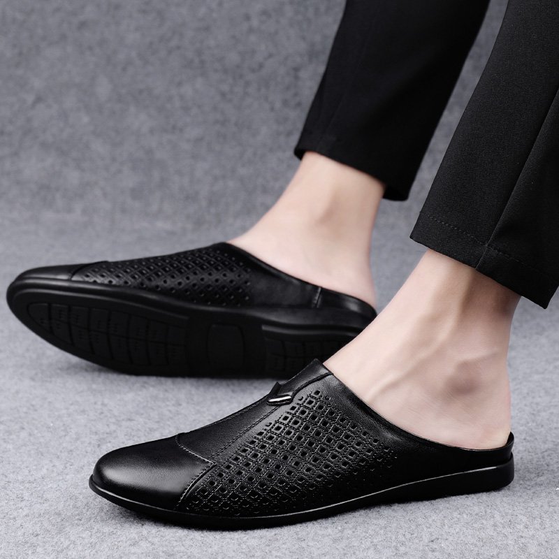 20311 big size men breathable genuine leather half shoes slides slippers