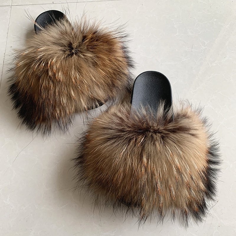 Top Producer women fox fur slides raccoon fur slipper