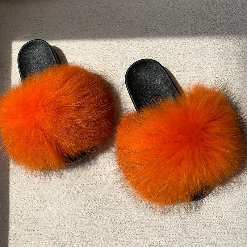 Top Producer women fox fur slides raccoon fur slipper