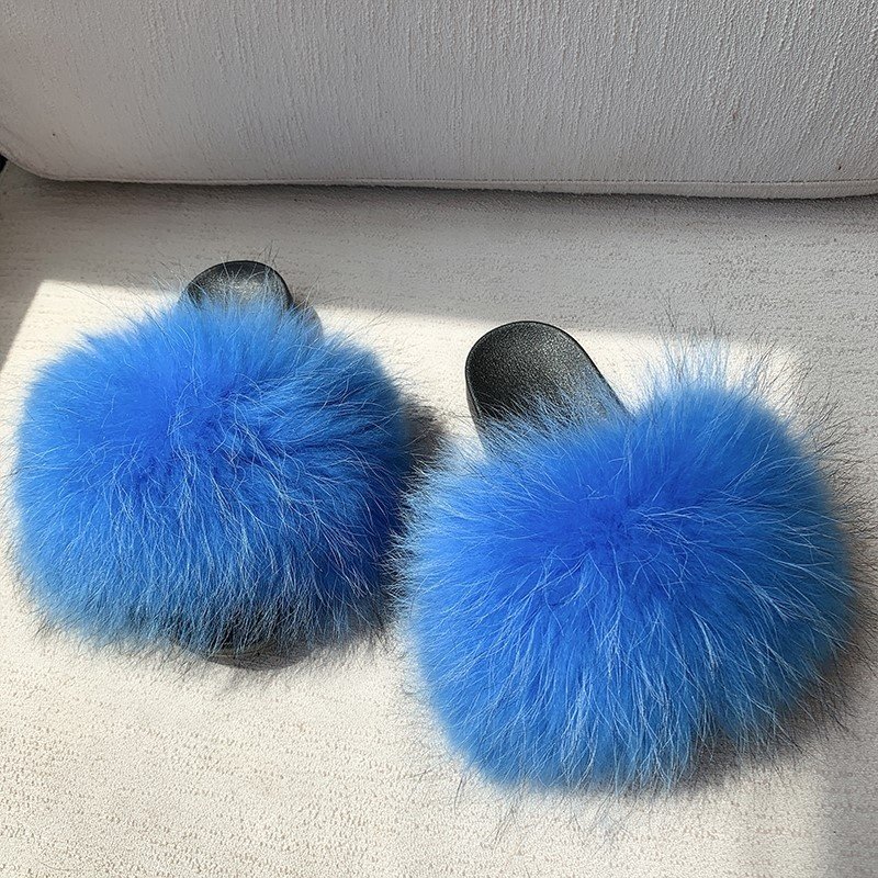 Top Producer women fox fur slides raccoon fur slipper