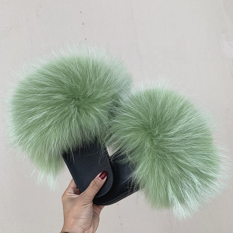 Top Producer women fox fur slides raccoon fur slipper