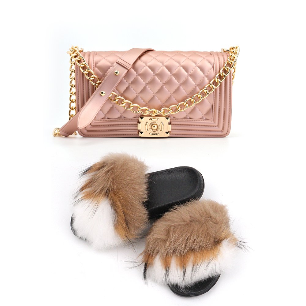 Furry rainbow set real fox silicone jelly purse fur women fluffy wholesale sandals slippers matching fur slides with purse set
