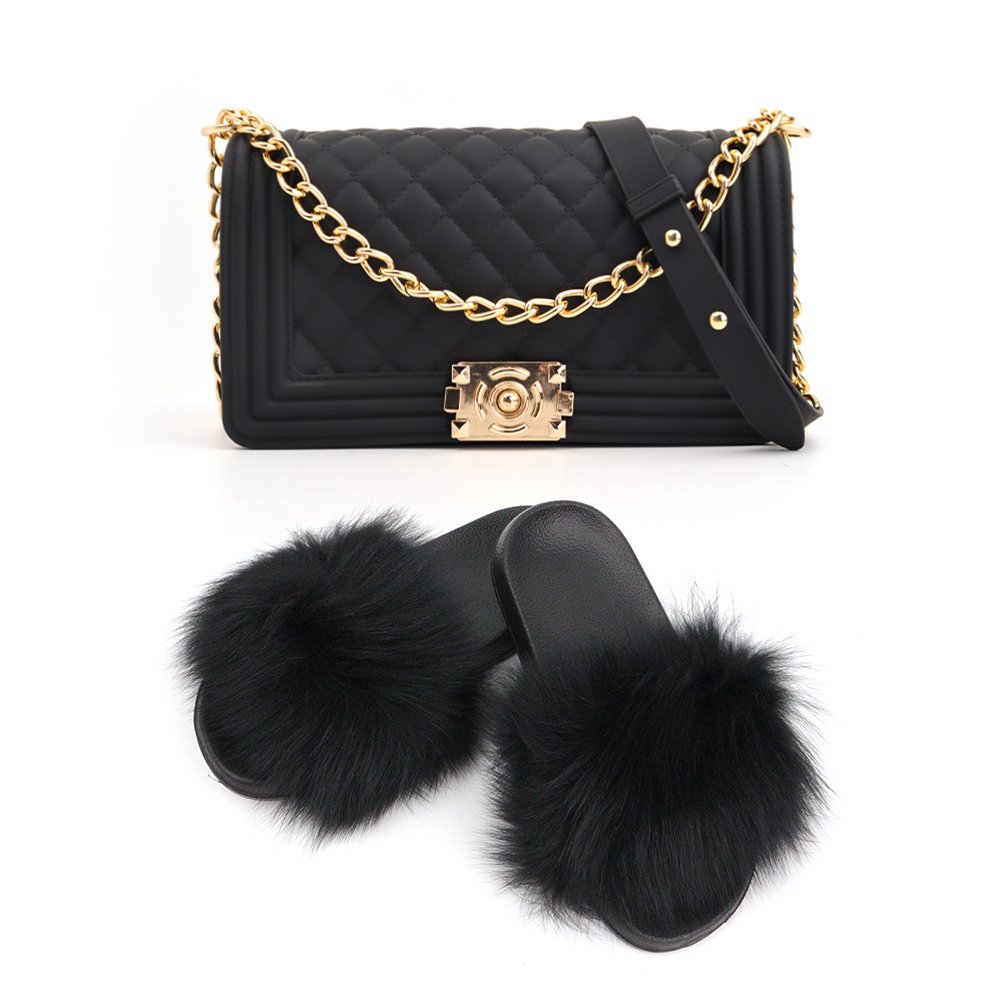 Furry rainbow set real fox silicone jelly purse fur women fluffy wholesale sandals slippers matching fur slides with purse set