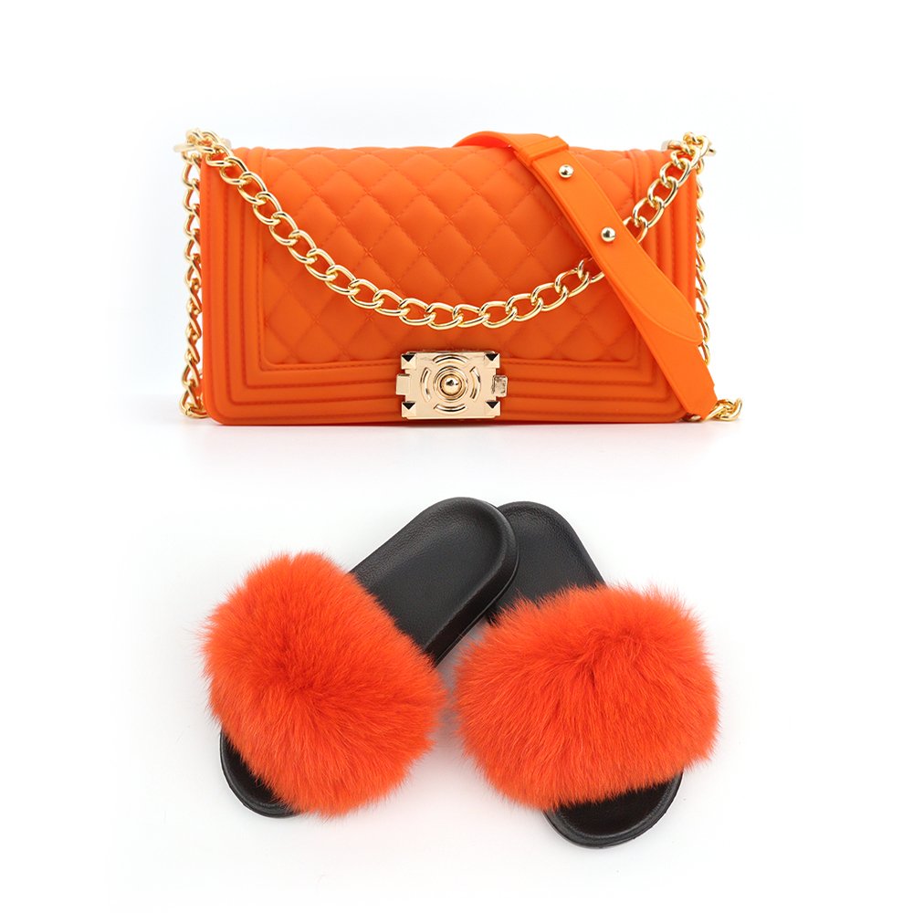 Furry rainbow set real fox silicone jelly purse fur women fluffy wholesale sandals slippers matching fur slides with purse set