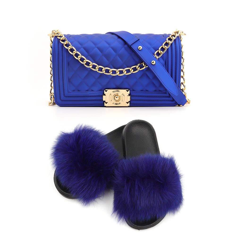 Furry rainbow set real fox silicone jelly purse fur women fluffy wholesale sandals slippers matching fur slides with purse set