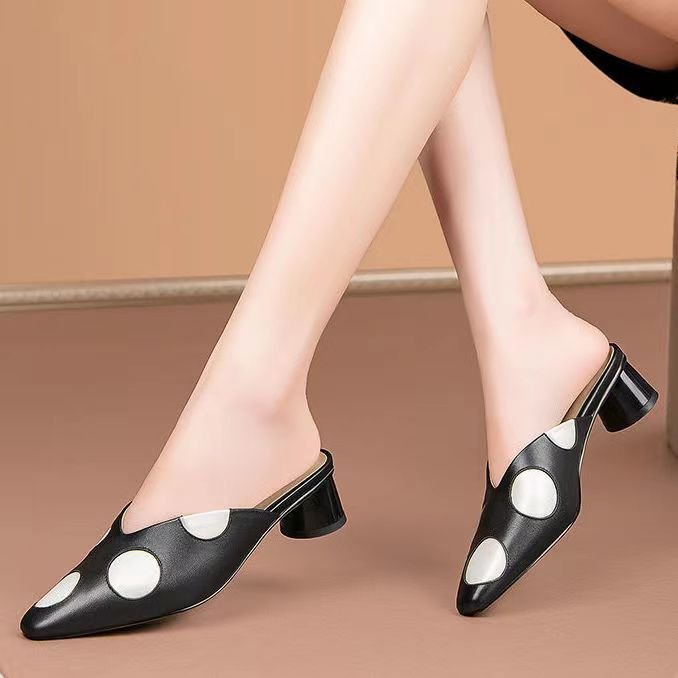 Xuanhui new fashion closed toe Polka dot thick sole outer wear slip on mid heel half slippers heels for ladies