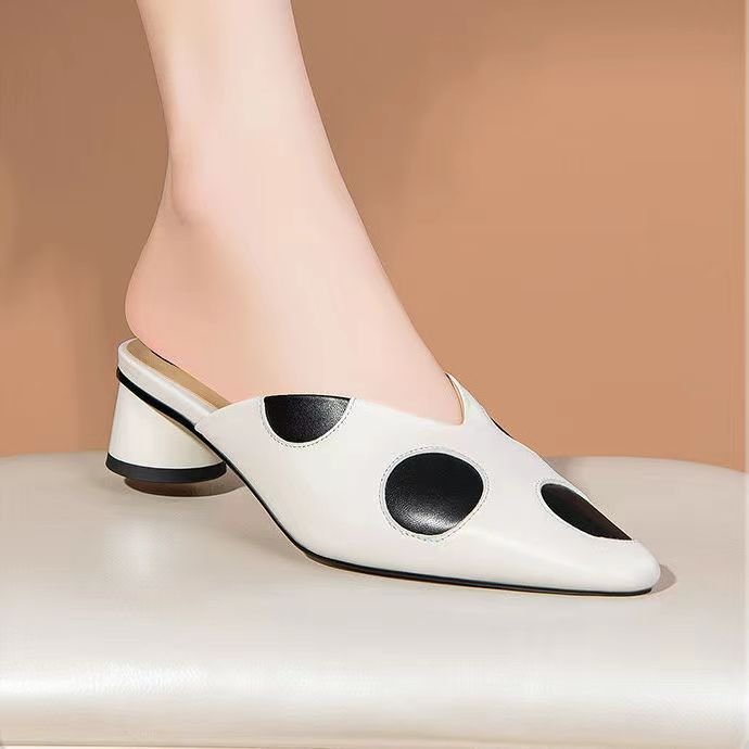 Xuanhui new fashion closed toe Polka dot thick sole outer wear slip on mid heel half slippers heels for ladies