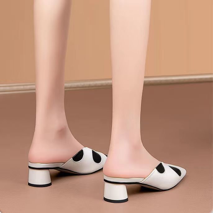 Xuanhui new fashion closed toe Polka dot thick sole outer wear slip on mid heel half slippers heels for ladies