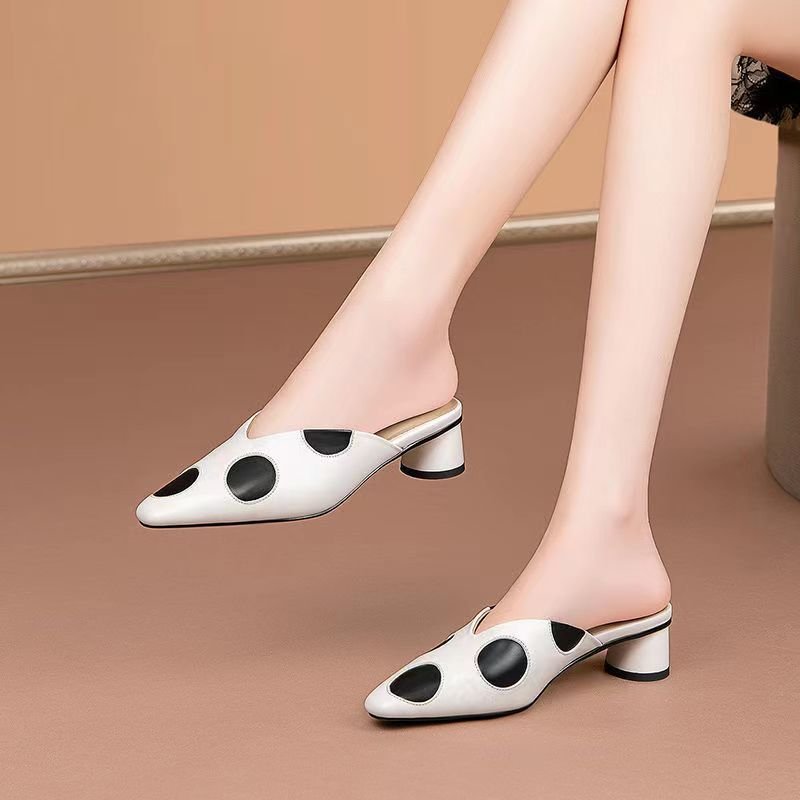 Xuanhui new fashion closed toe Polka dot thick sole outer wear slip on mid heel half slippers heels for ladies