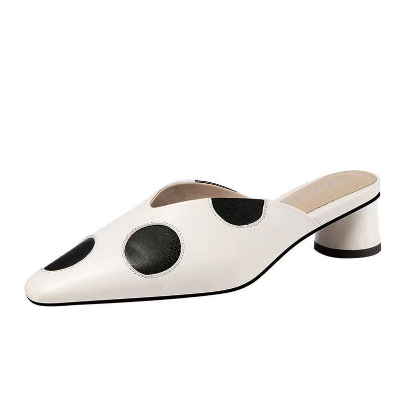 Xuanhui new fashion closed toe Polka dot thick sole outer wear slip on mid heel half slippers heels for ladies