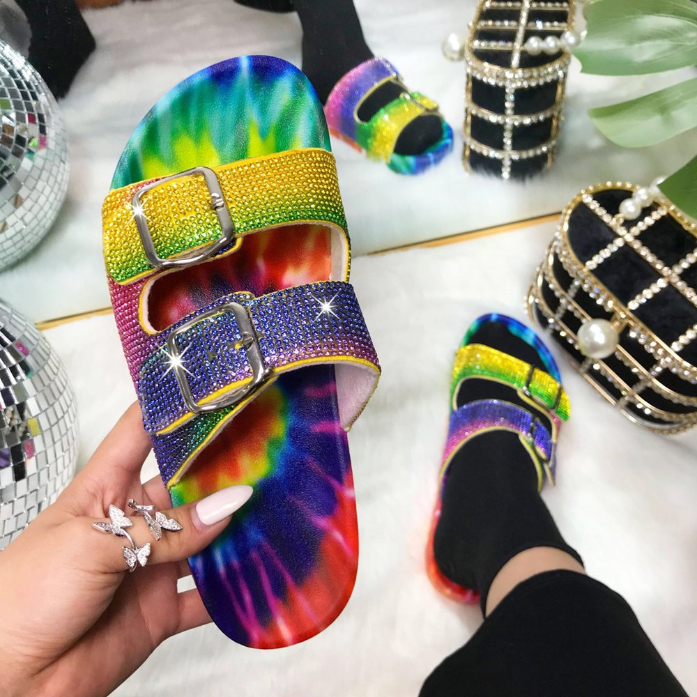 Women Platform Sandals Female Bling Wedges Shoes Handmade Rhinestones Slides Slip On Flat Sandalias