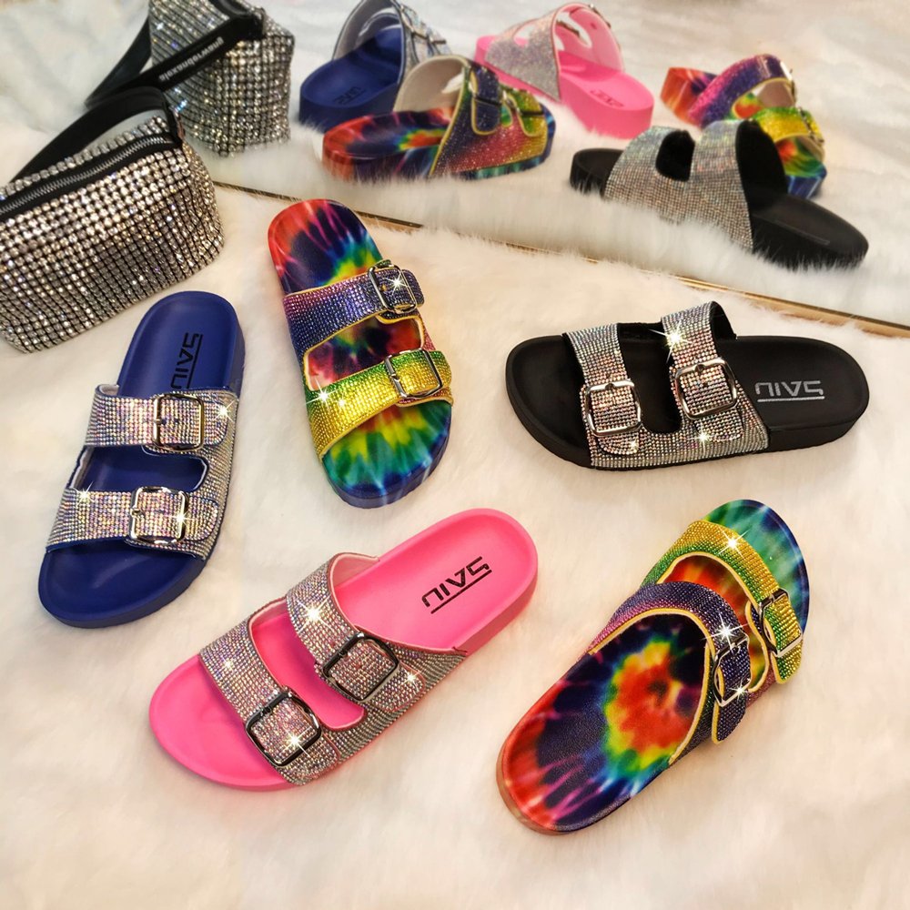 Women Platform Sandals Female Bling Wedges Shoes Handmade Rhinestones Slides Slip On Flat Sandalias