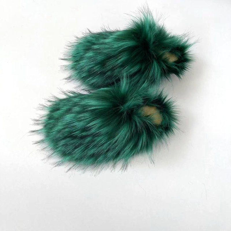 Custom Logo Flat Bottom Fluffy Fuzzy Shoes Long Faux Raccoon Slide Women Faux Raccoon Fur Slippers