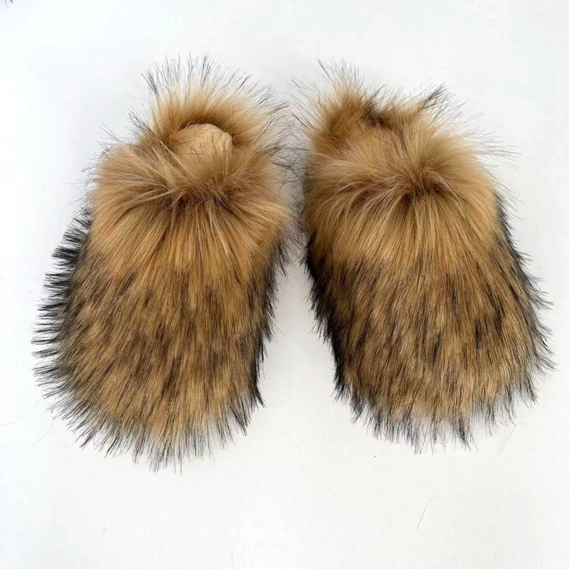 Custom Logo Flat Bottom Fluffy Fuzzy Shoes Long Faux Raccoon Slide Women Faux Raccoon Fur Slippers