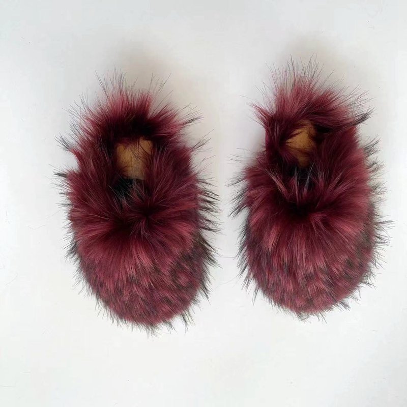 Custom Logo Flat Bottom Fluffy Fuzzy Shoes Long Faux Raccoon Slide Women Faux Raccoon Fur Slippers