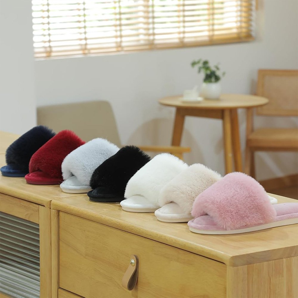 Women's Faux Fur Slippers Fuzzy Flat Spa Fluffy Open Toe House Shoes Indoor Outdoor Slip on Memory Foam Slide Slippers