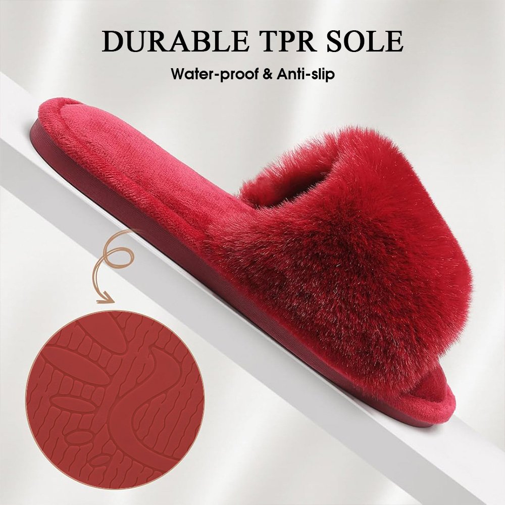 Women's Faux Fur Slippers Fuzzy Flat Spa Fluffy Open Toe House Shoes Indoor Outdoor Slip on Memory Foam Slide Slippers