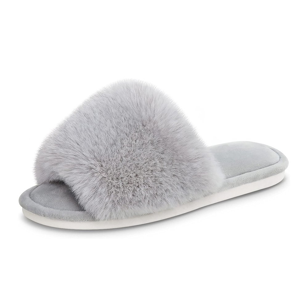 Women's Faux Fur Slippers Fuzzy Flat Spa Fluffy Open Toe House Shoes Indoor Outdoor Slip on Memory Foam Slide Slippers