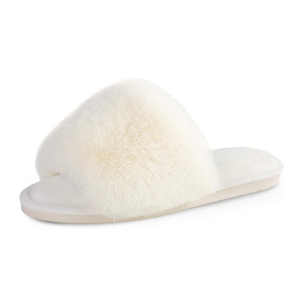 Women's Faux Fur Slippers Fuzzy Flat Spa Fluffy Open Toe House Shoes Indoor Outdoor Slip on Memory Foam Slide Slippers