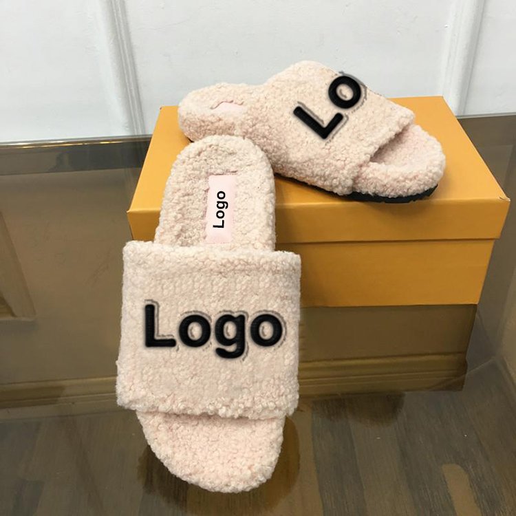 Custom Logo Ladies Indoor Outdoor Fluffy Real Sheepskin Platform Fur Slides Slippers with Arch Support