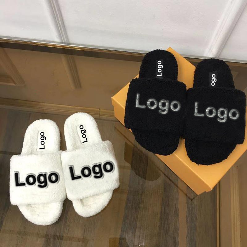 Custom Logo Ladies Indoor Outdoor Fluffy Real Sheepskin Platform Fur Slides Slippers with Arch Support
