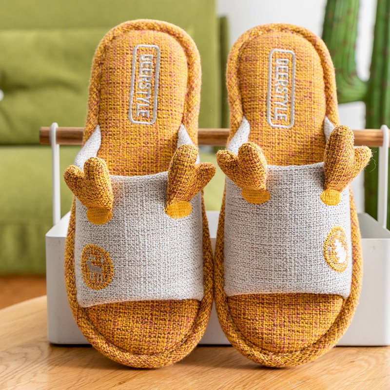 New Cartoon Women Shoes Indoor Couples Linen Slippers Soft Flexible Anti-slip Animal Prints Breathable Cotton Slides
