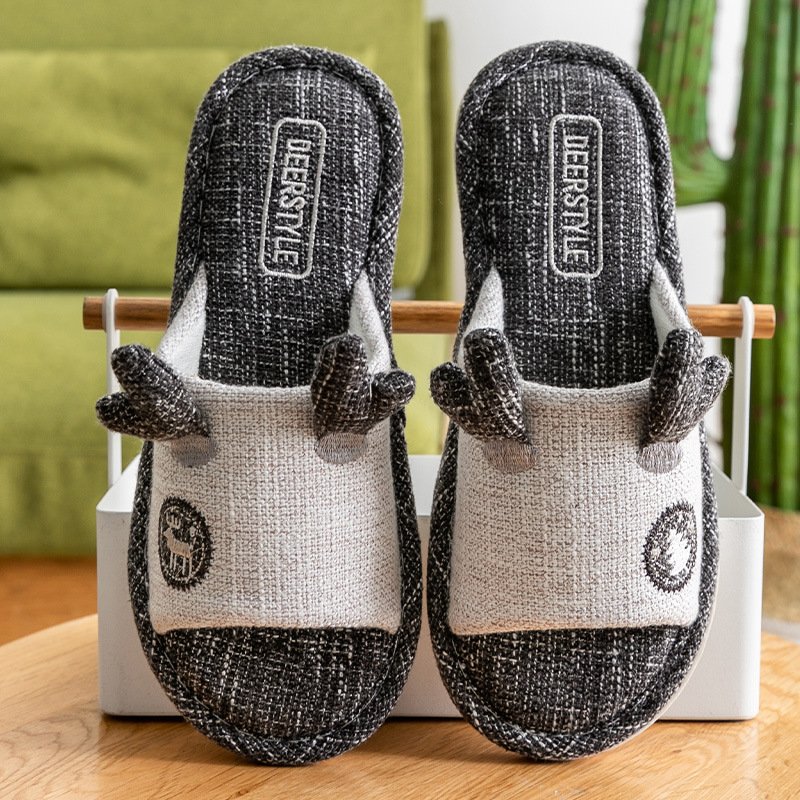 New Cartoon Women Shoes Indoor Couples Linen Slippers Soft Flexible Anti-slip Animal Prints Breathable Cotton Slides