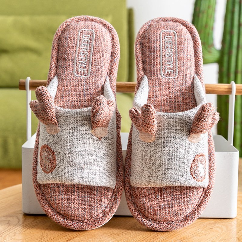 New Cartoon Women Shoes Indoor Couples Linen Slippers Soft Flexible Anti-slip Animal Prints Breathable Cotton Slides