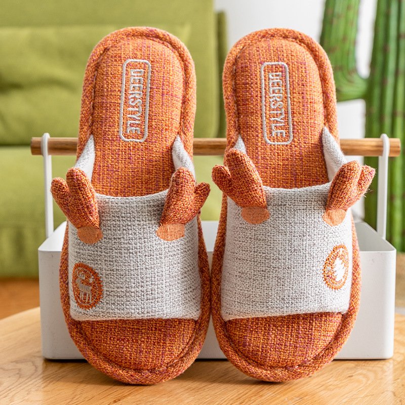 New Cartoon Women Shoes Indoor Couples Linen Slippers Soft Flexible Anti-slip Animal Prints Breathable Cotton Slides